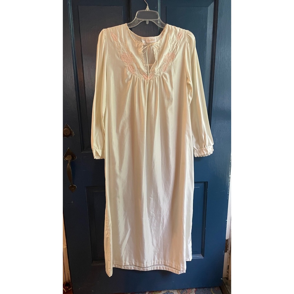 Vintage Barbizon‎ Nightgown Ivory Pink Floral Embroidered Long Sleeve L